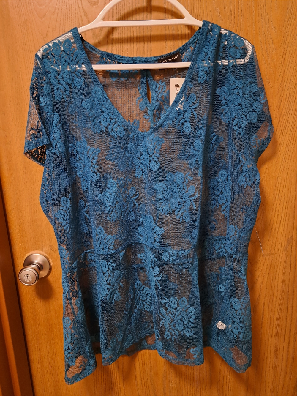 Lane Bryant Teal Lace Overlay V-Neck Blouse